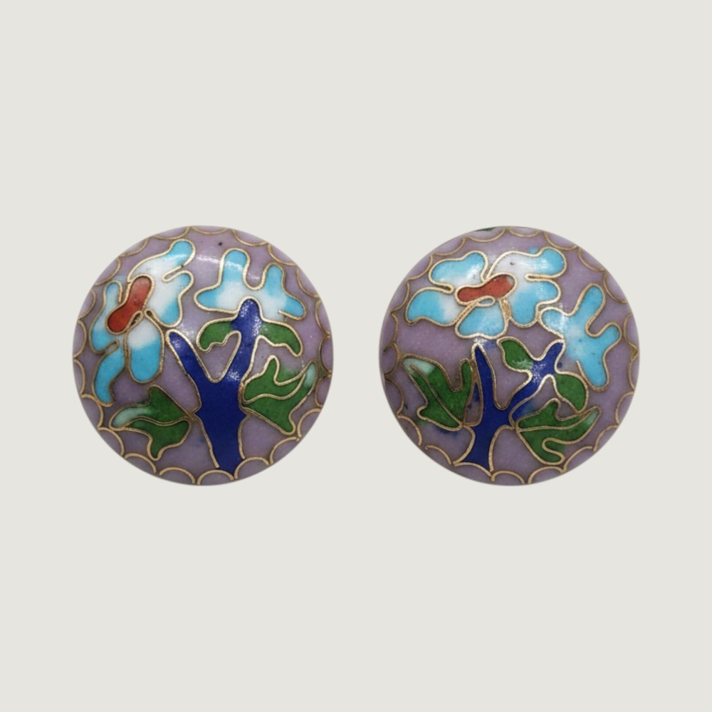 Vintage Cloisonne Enamel Floral Clip On Earrings Purple Blue Garden Collectible
